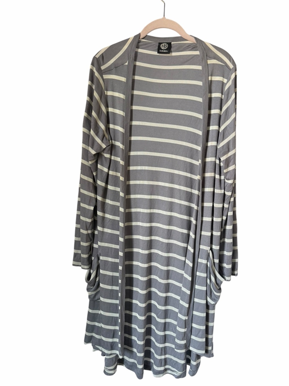 Bobeau Gray Cream Striped Open Cardigan Duster Business Casual Sweater Layering